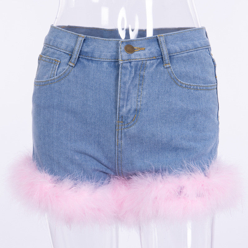 Shorts denim piume froufrou