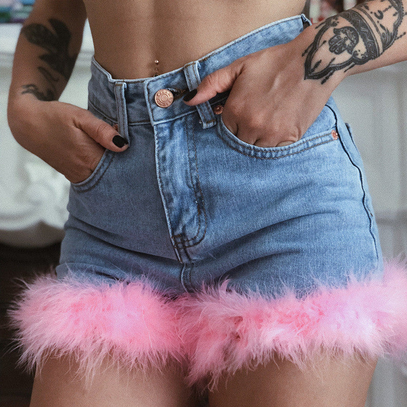 Shorts denim piume froufrou