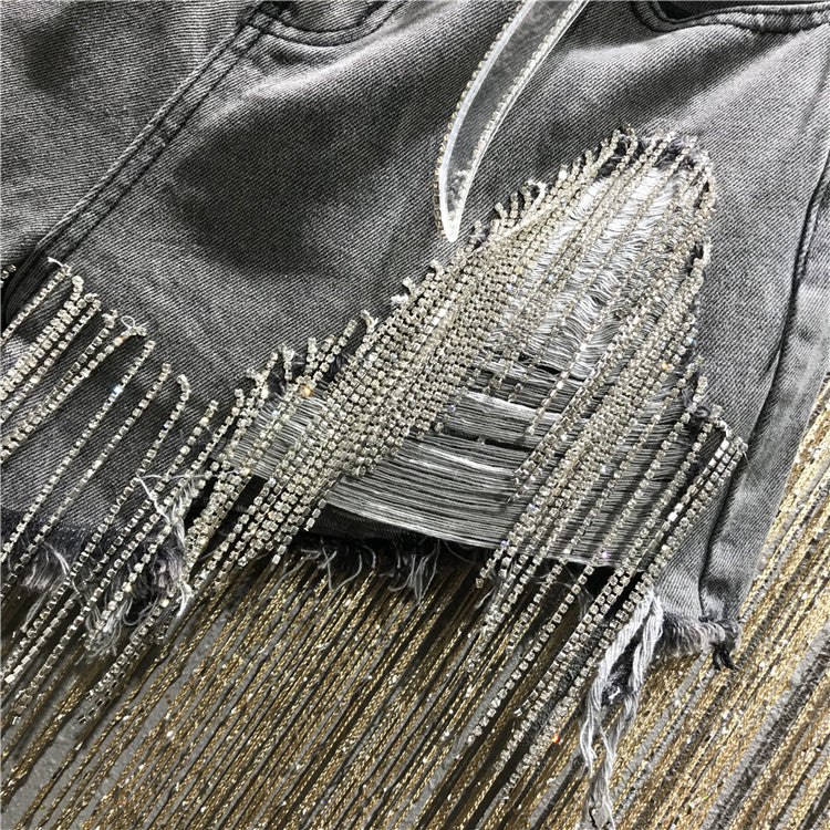 Shorts denim frange in strass
