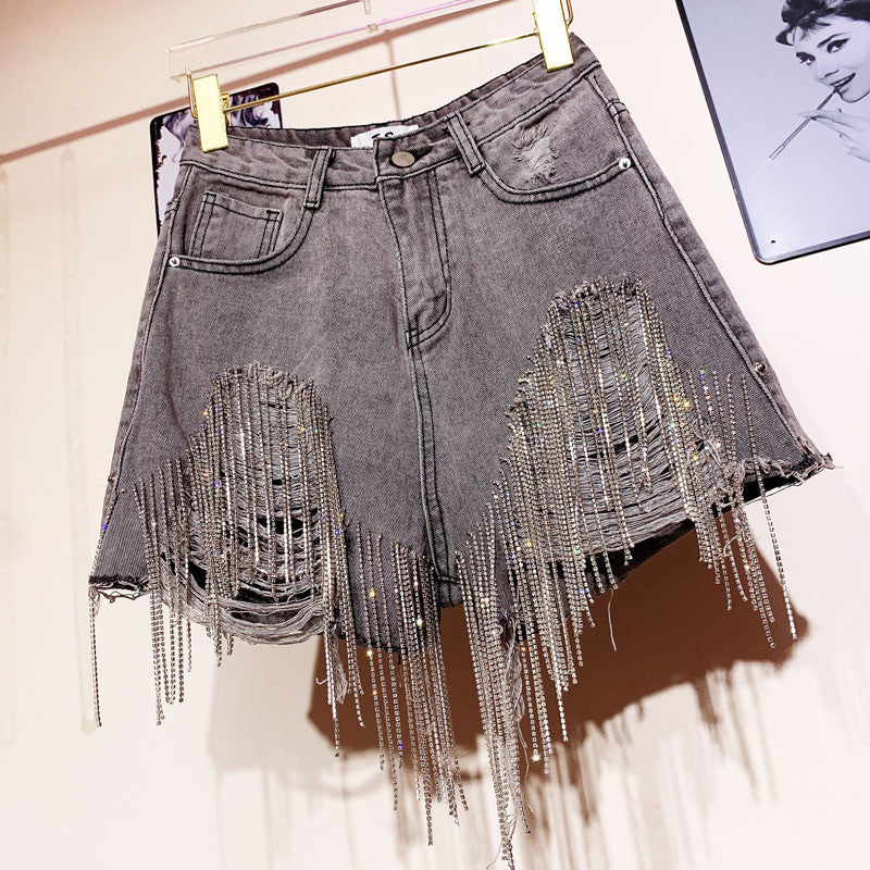 Shorts denim frange in strass