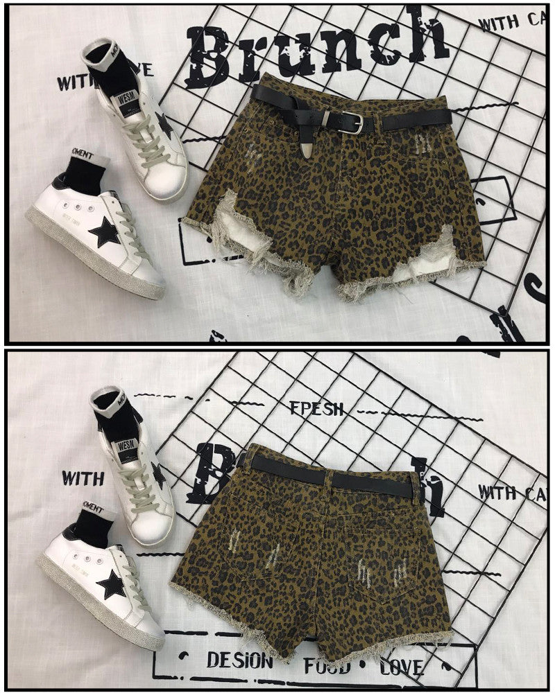 Shorts leopardato denim sfrangiato