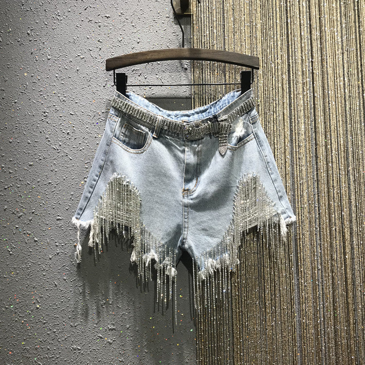 Shorts denim frange in strass