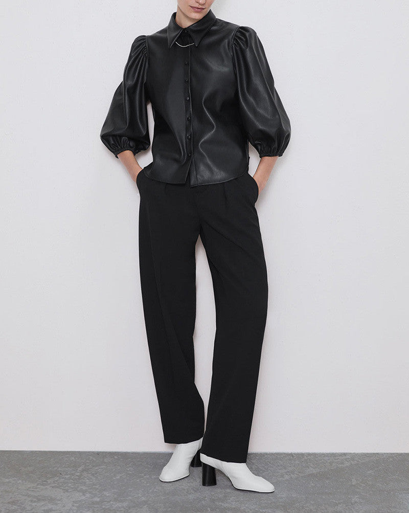 Camicia ecopelle maniche a sbuffo