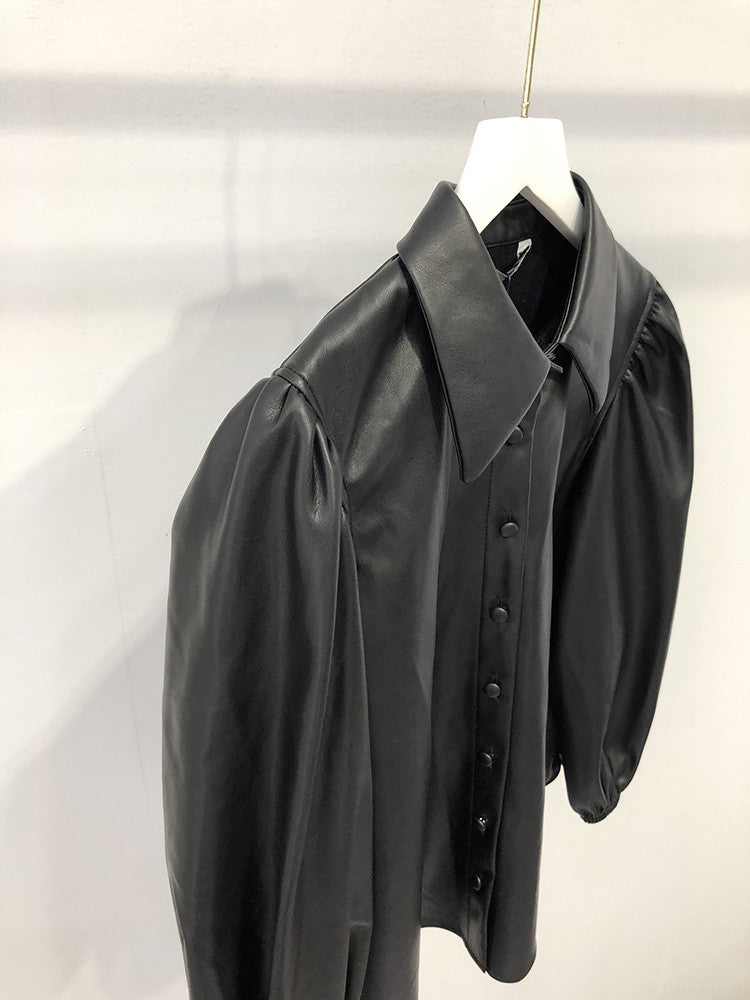 Camicia ecopelle maniche a sbuffo