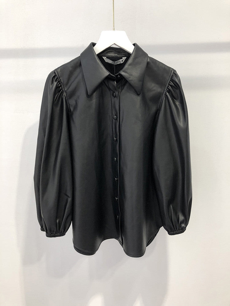 Camicia ecopelle maniche a sbuffo