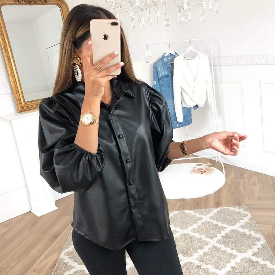 Camicia ecopelle maniche a sbuffo