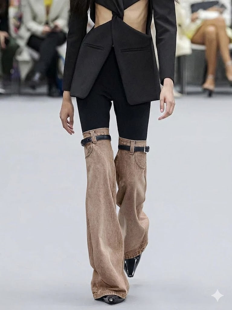 Panta-Jeans Gregorian effetto leggings con zampa in denim e cinturino