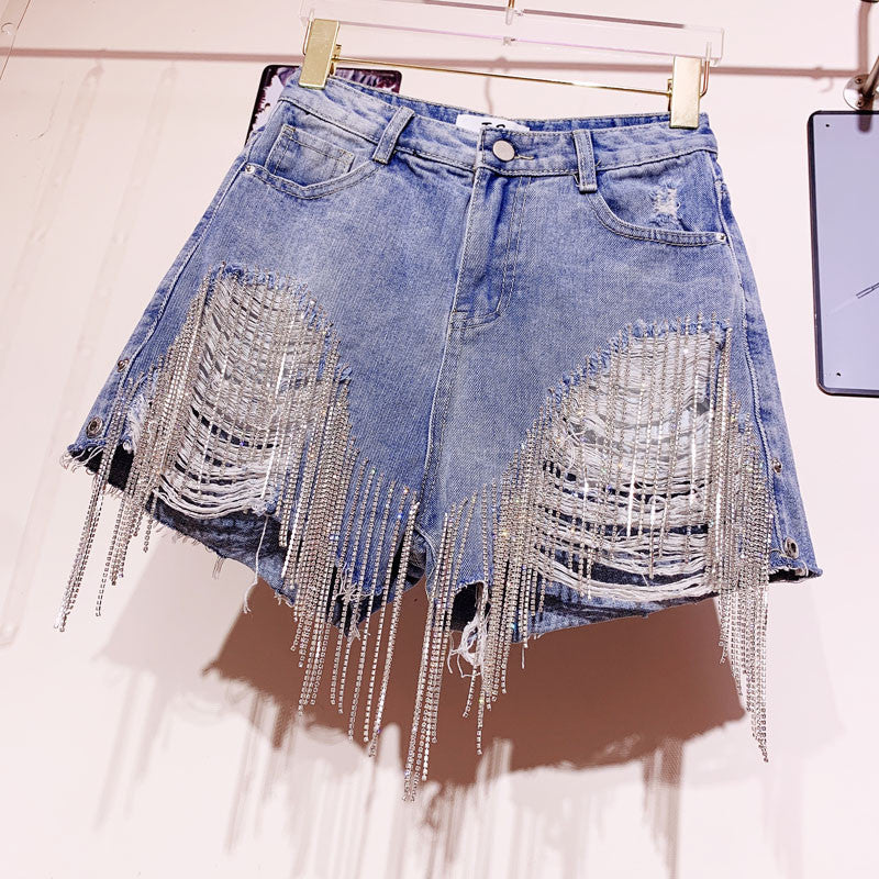 Shorts denim frange in strass