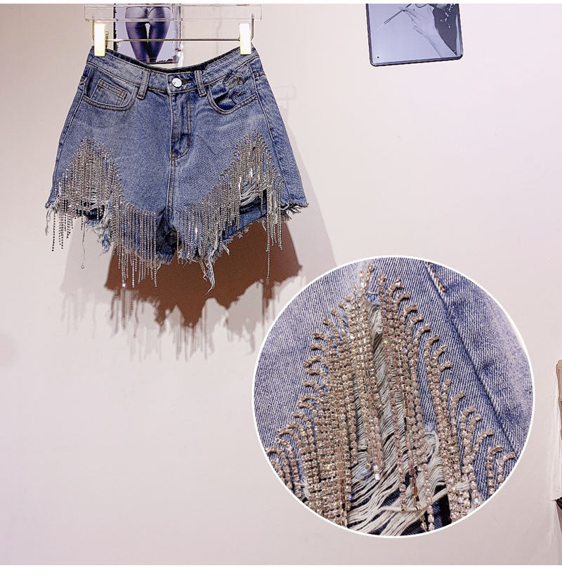 Shorts denim frange in strass