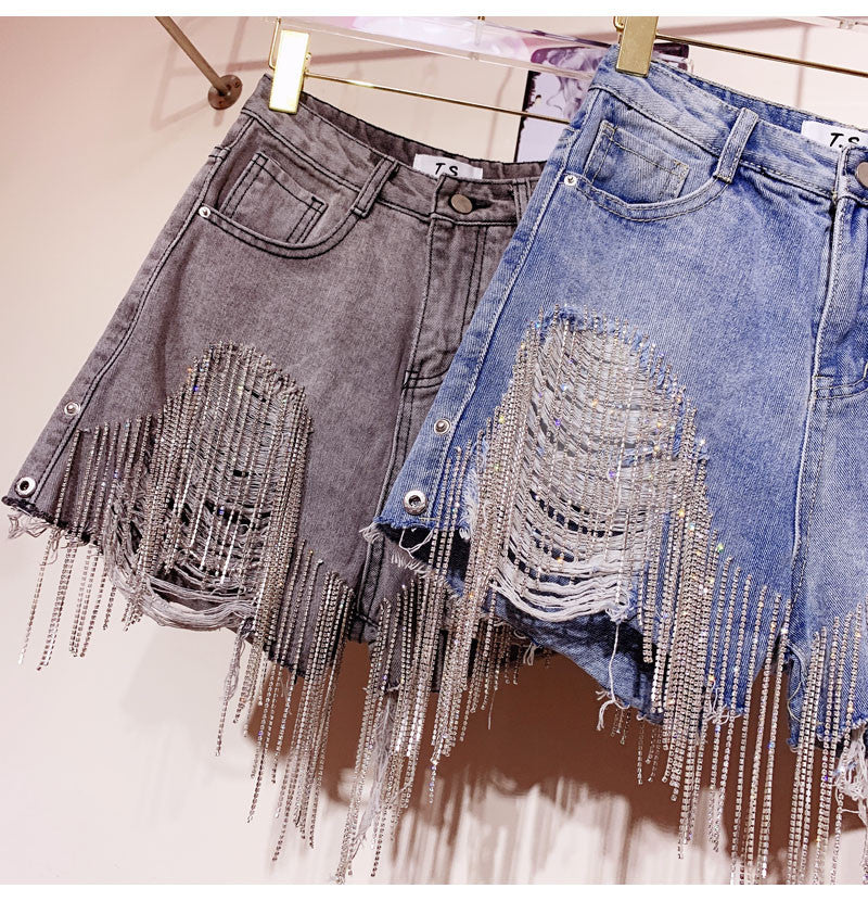 Shorts denim frange in strass