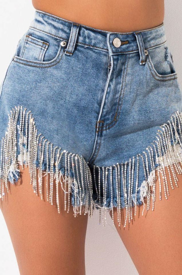 Shorts denim frange in strass