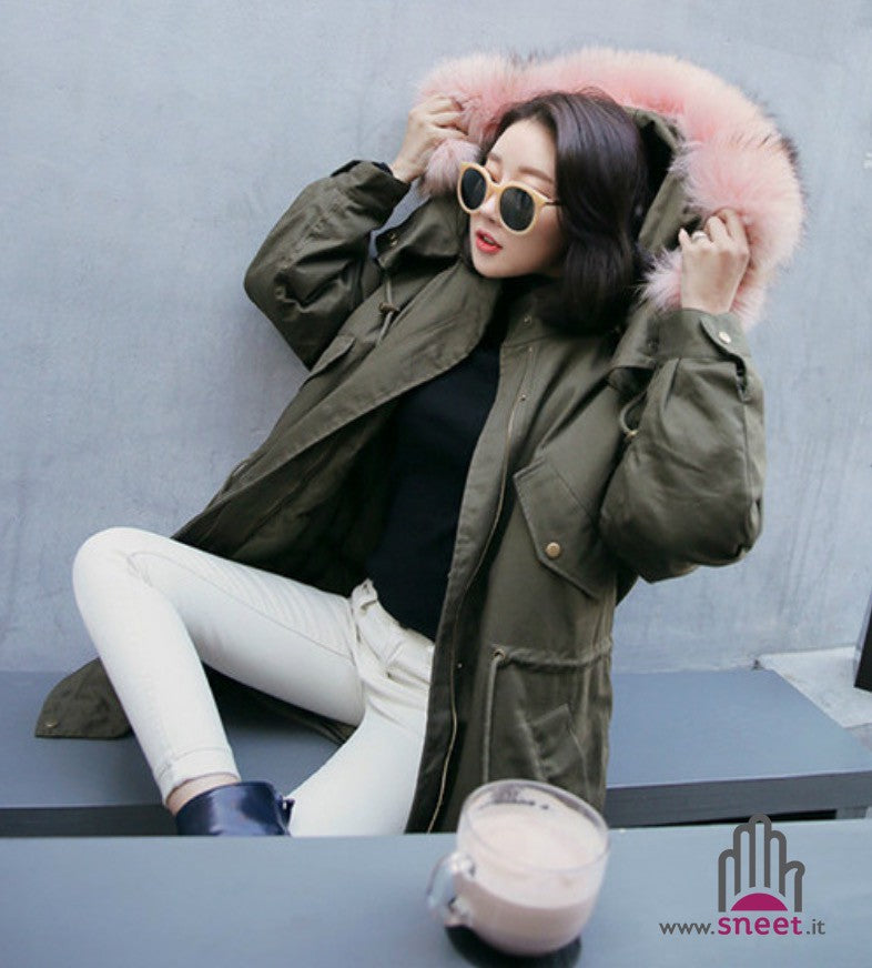 Parka lungo cappuccio rosa