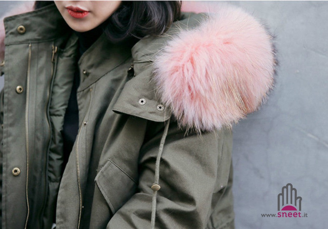 Parka lungo cappuccio rosa