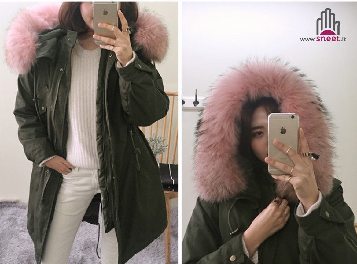 Parka lungo cappuccio rosa