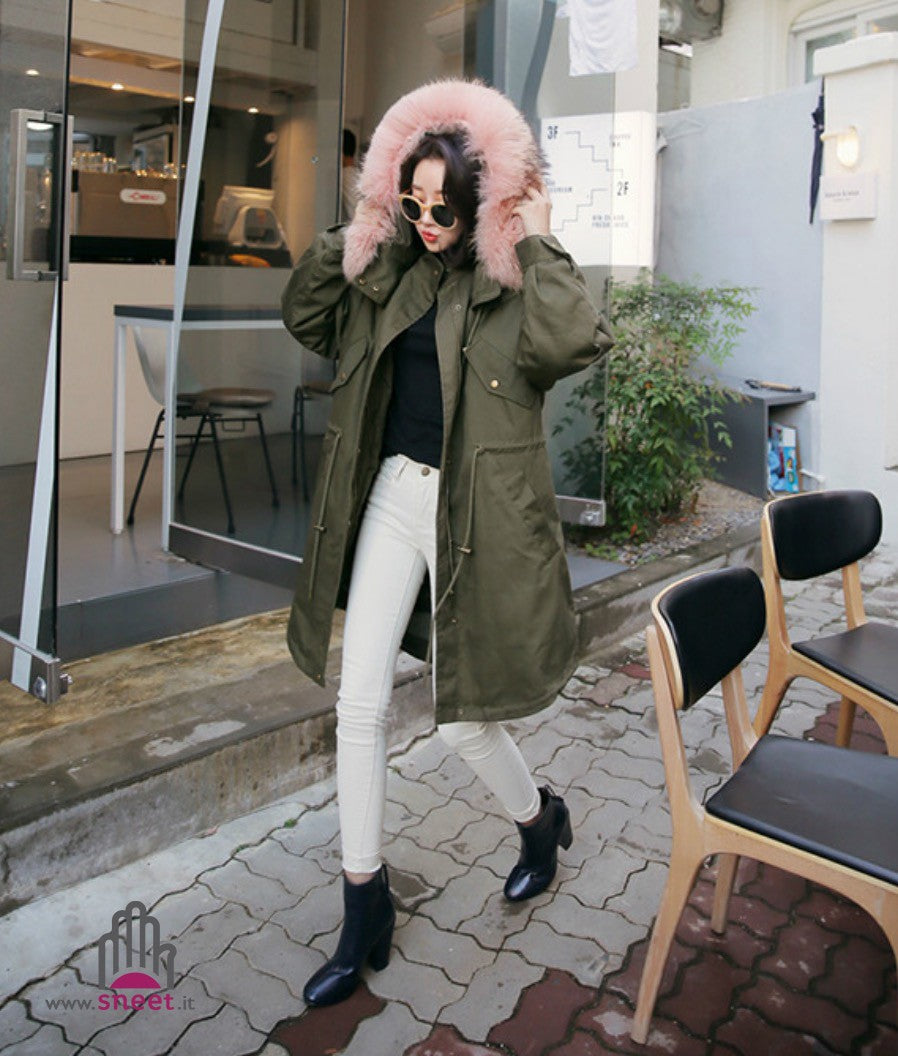 Parka lungo cappuccio rosa