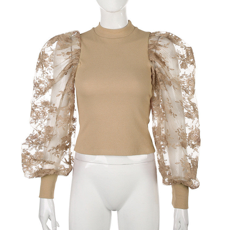 Maglia maniche a sbuffo pizzo rose