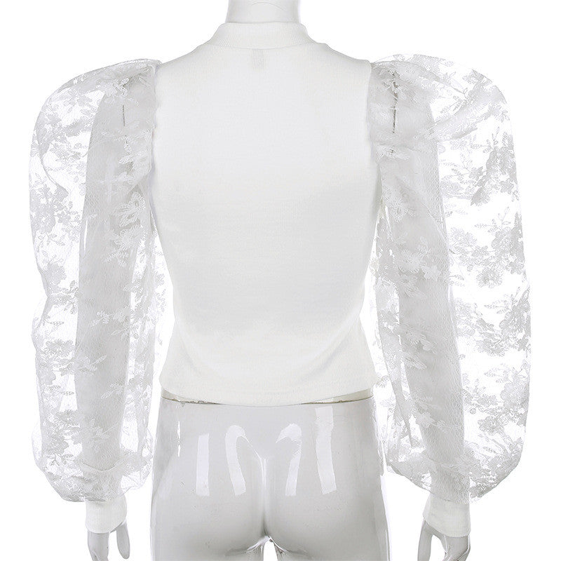 Maglia maniche a sbuffo pizzo rose