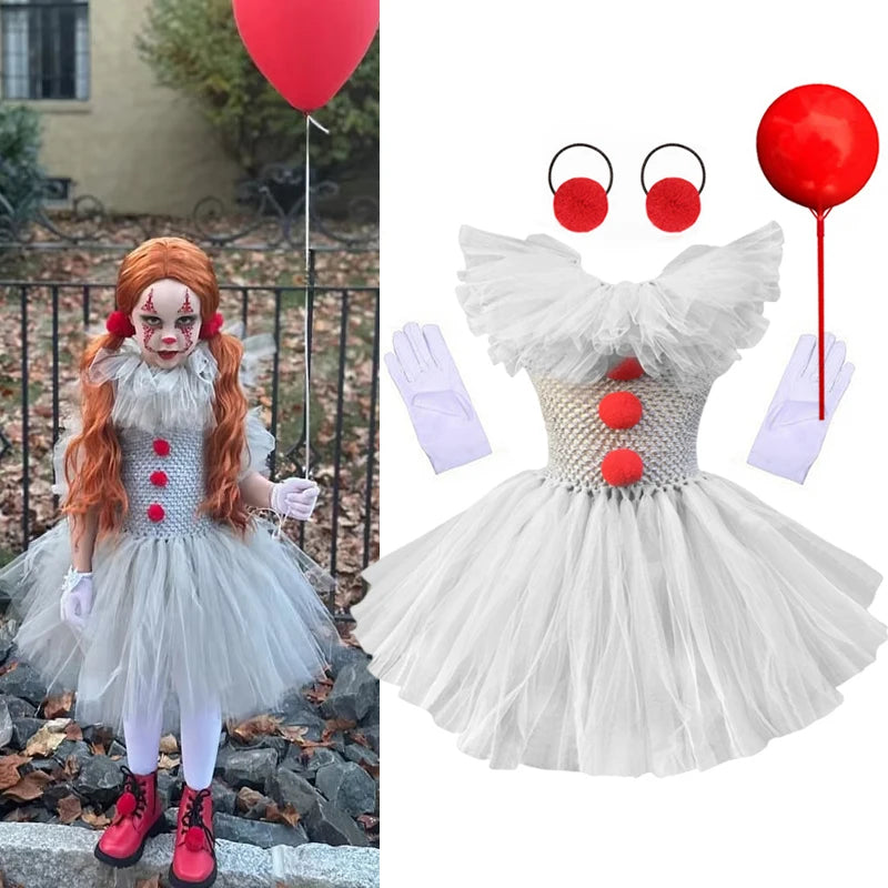 Costume clown horror bambina
Abito tutù grigio con pon pon