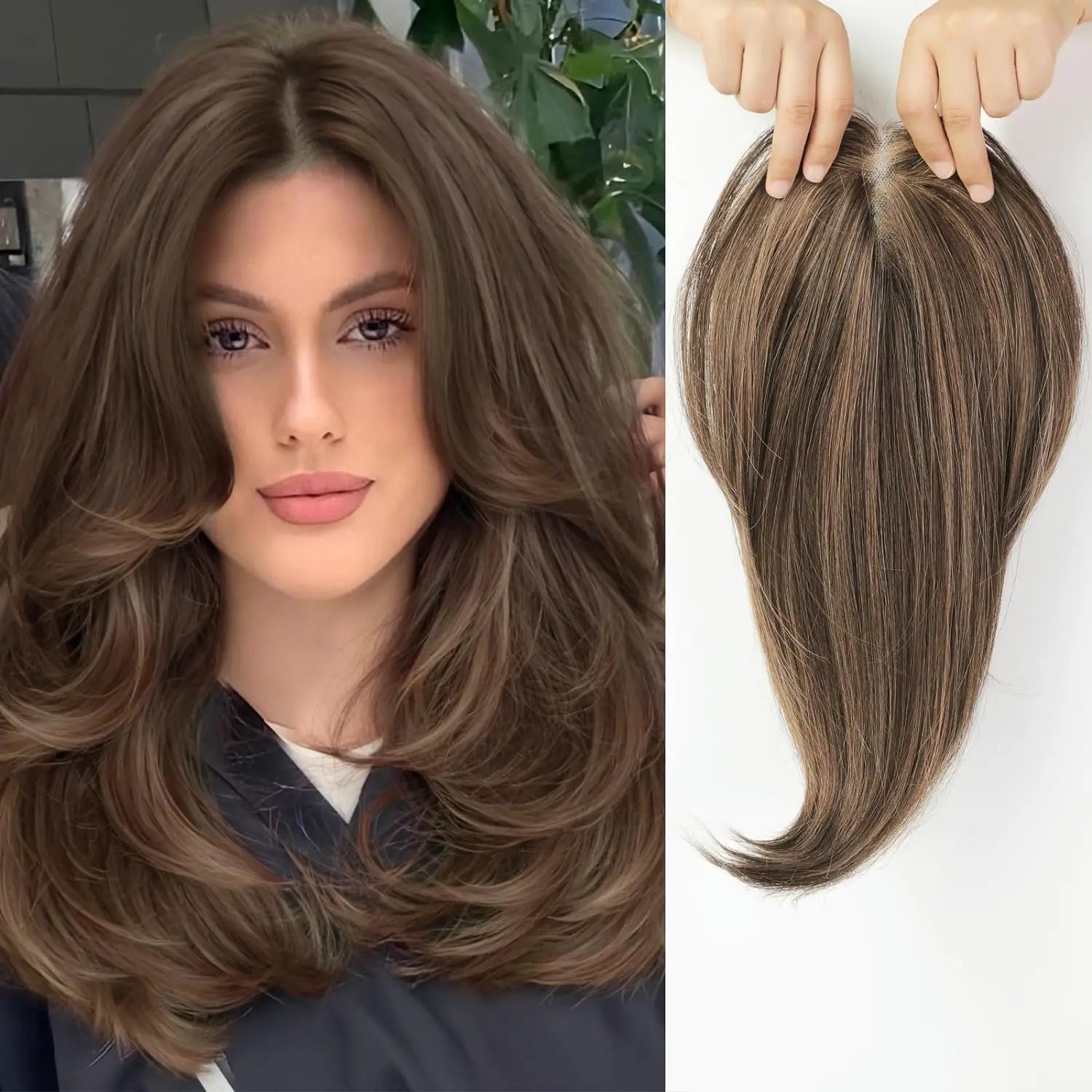 Taupe Topper in capelli veri con base in seta e clip