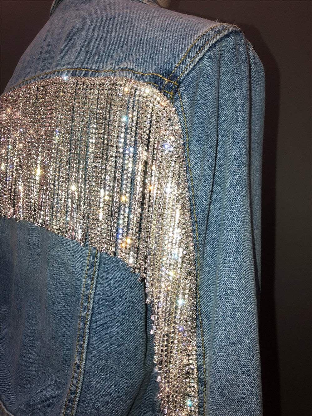Giubbino jeans fringe strass corto