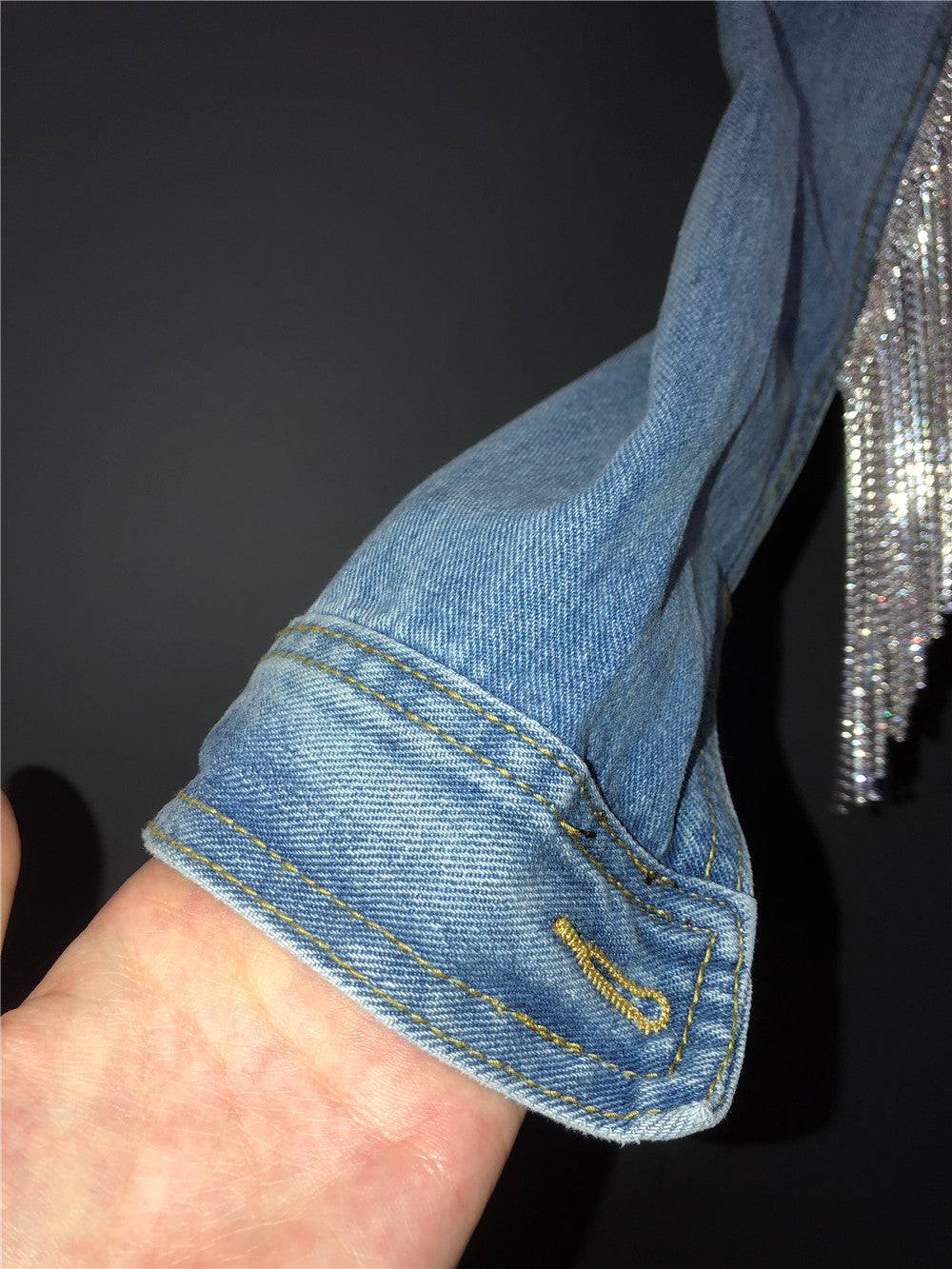 Giubbino jeans fringe strass corto