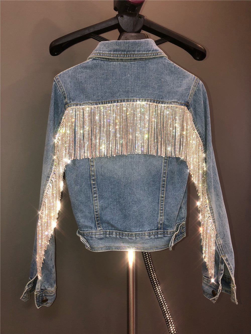 Giubbino jeans fringe strass corto