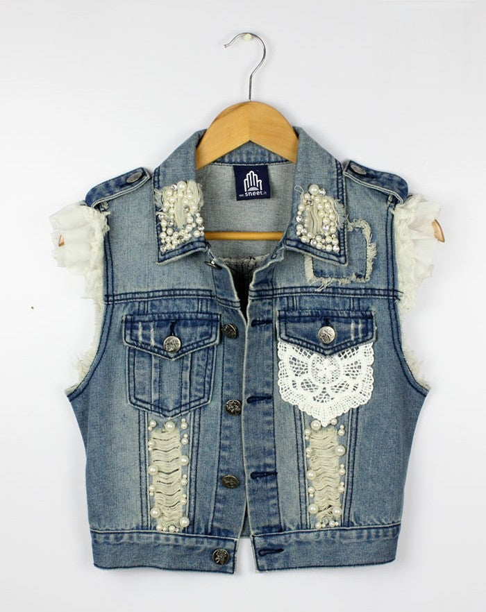 Smanicato in jeans Lers inserti pizzo vista frontale — Dream Shop