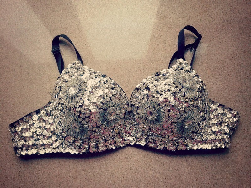 Paillette Flower Bra on model glamour look — Dream Shop