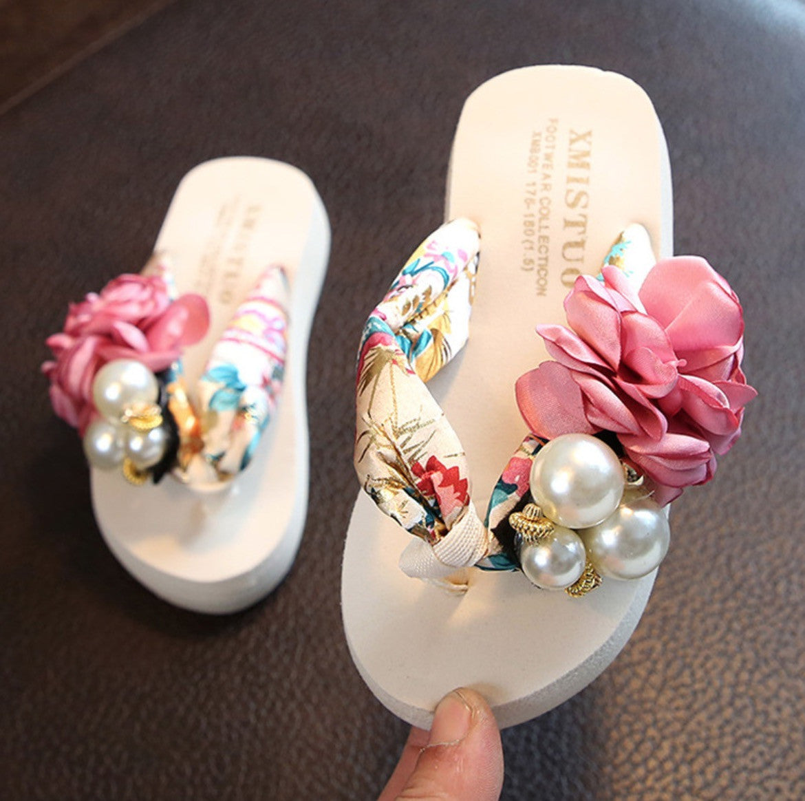 Infradito bambina gioiello perle rose bianco