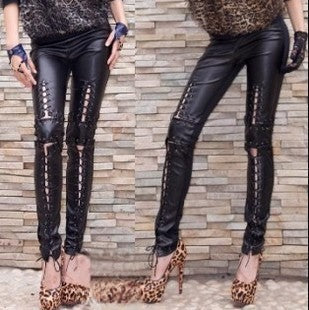 Pantalone Haman dettaglio lacci ecopelle nera — Dream Shop