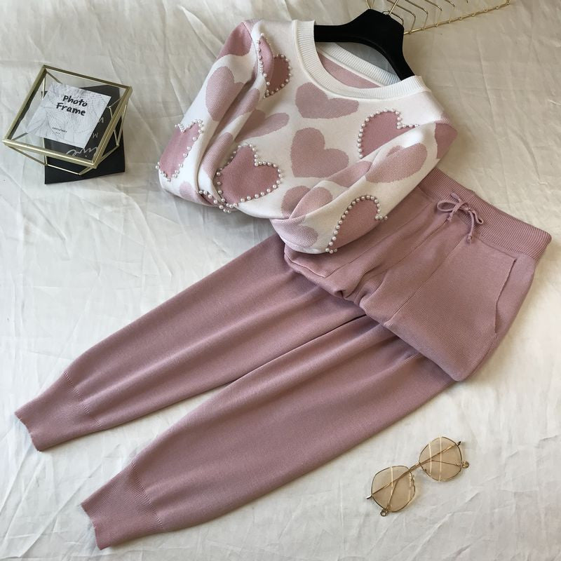 Set pants & pull cuori perle