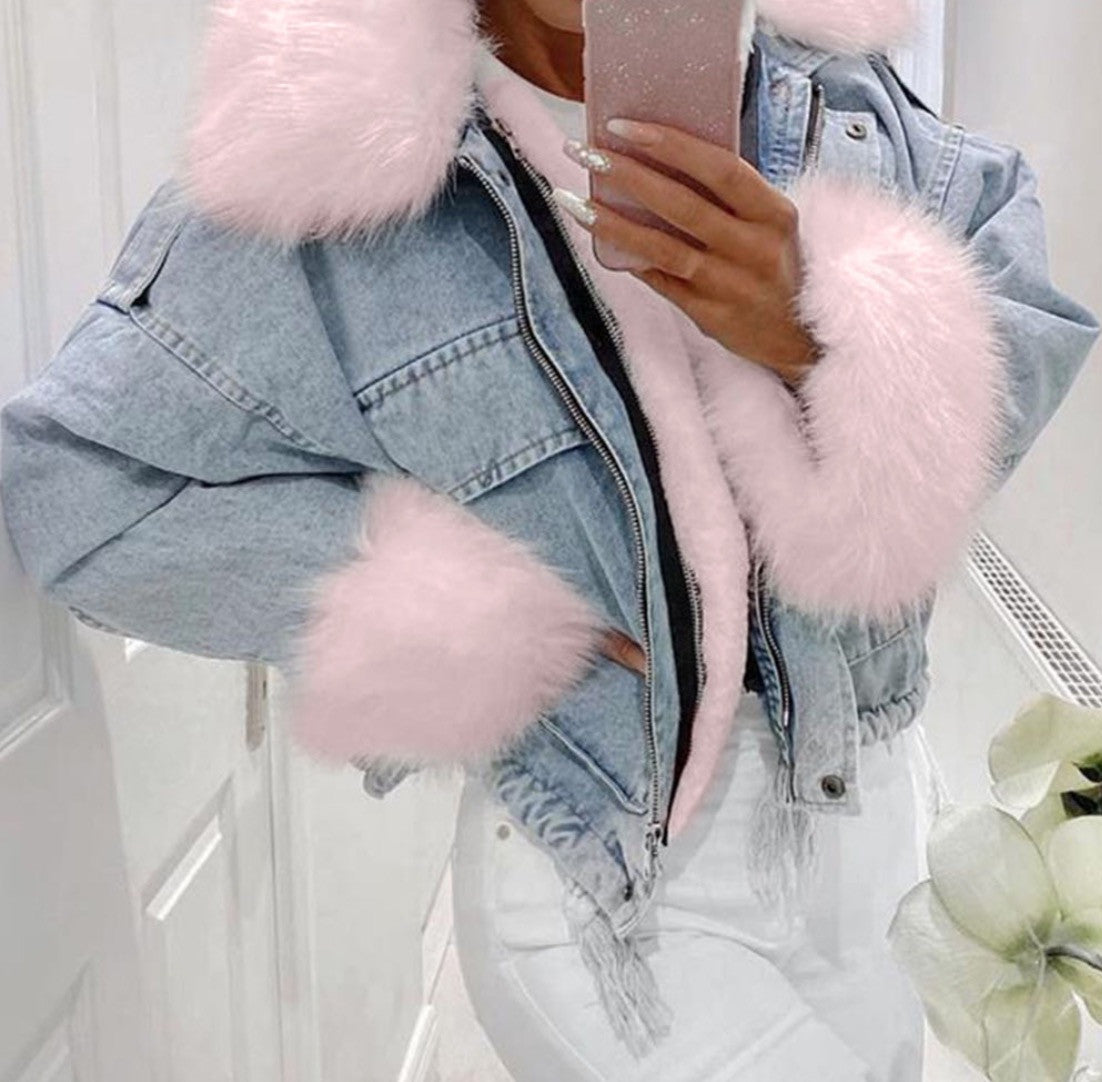 Giacca denim white and furry