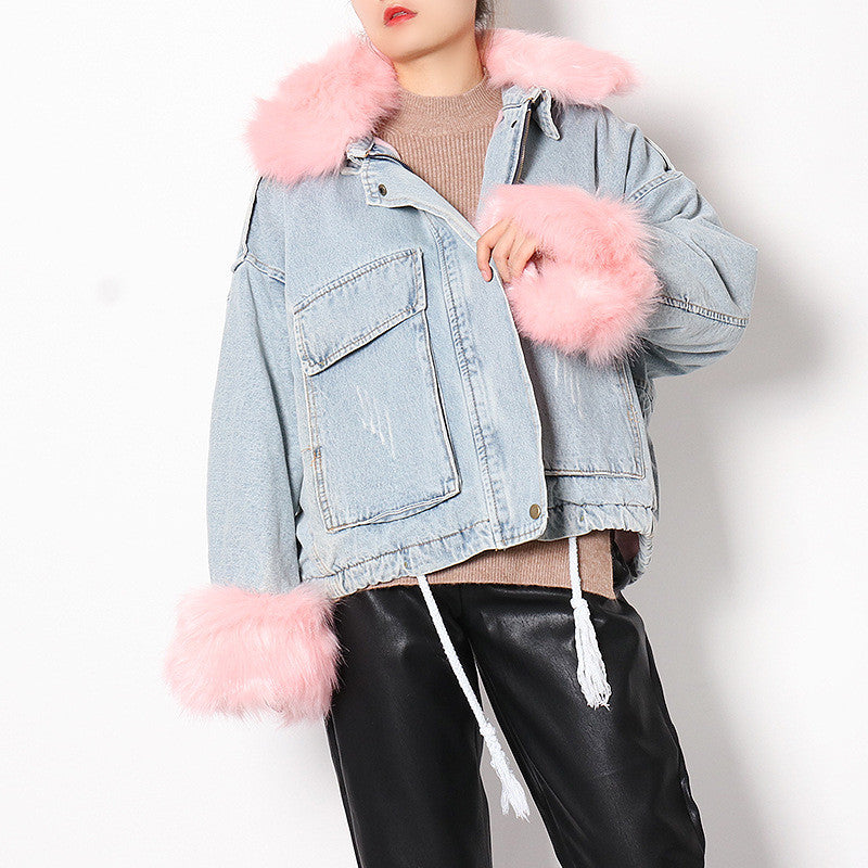 Giacca denim white and furry