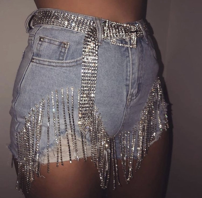 Shorts denim frange in strass
