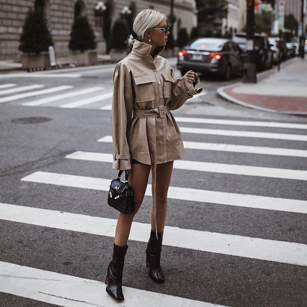 Trench-camicione ecopelle camel