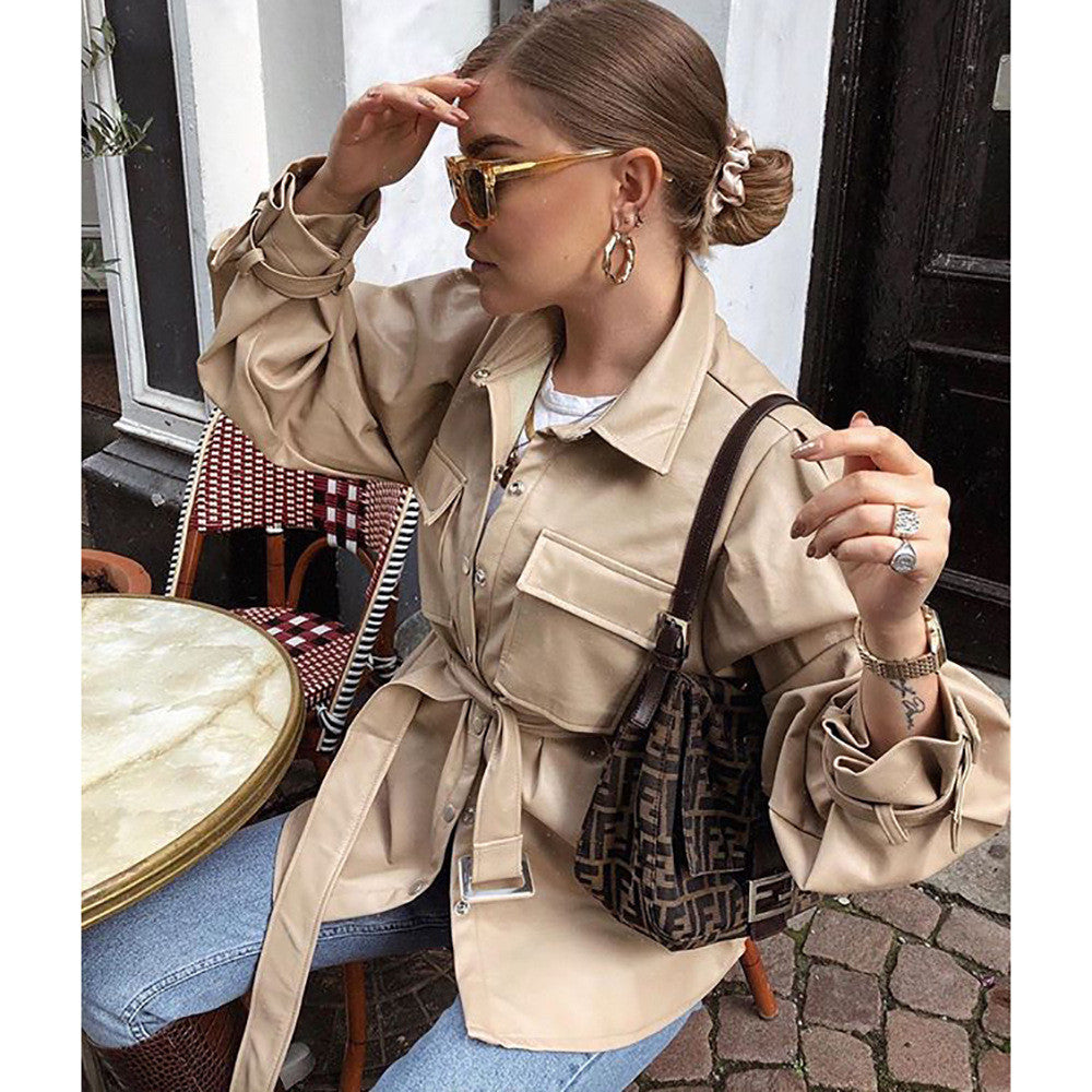 Trench-camicione ecopelle camel