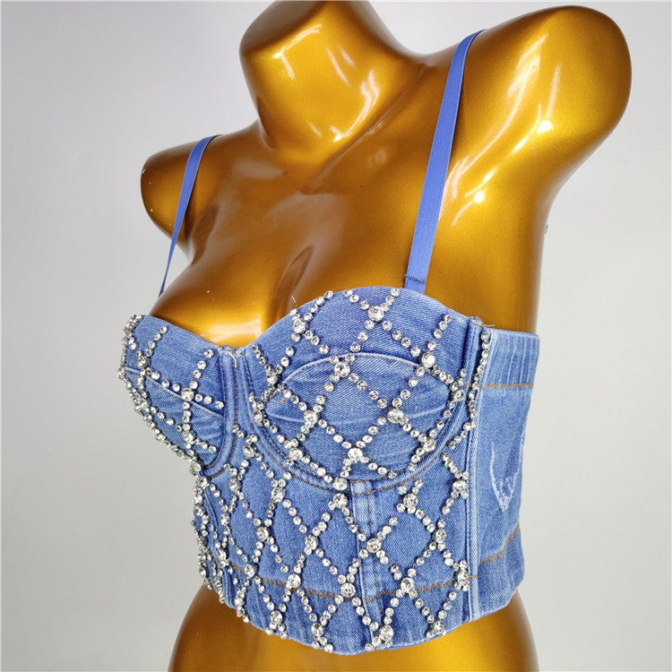 Corpetto denim rombi strass