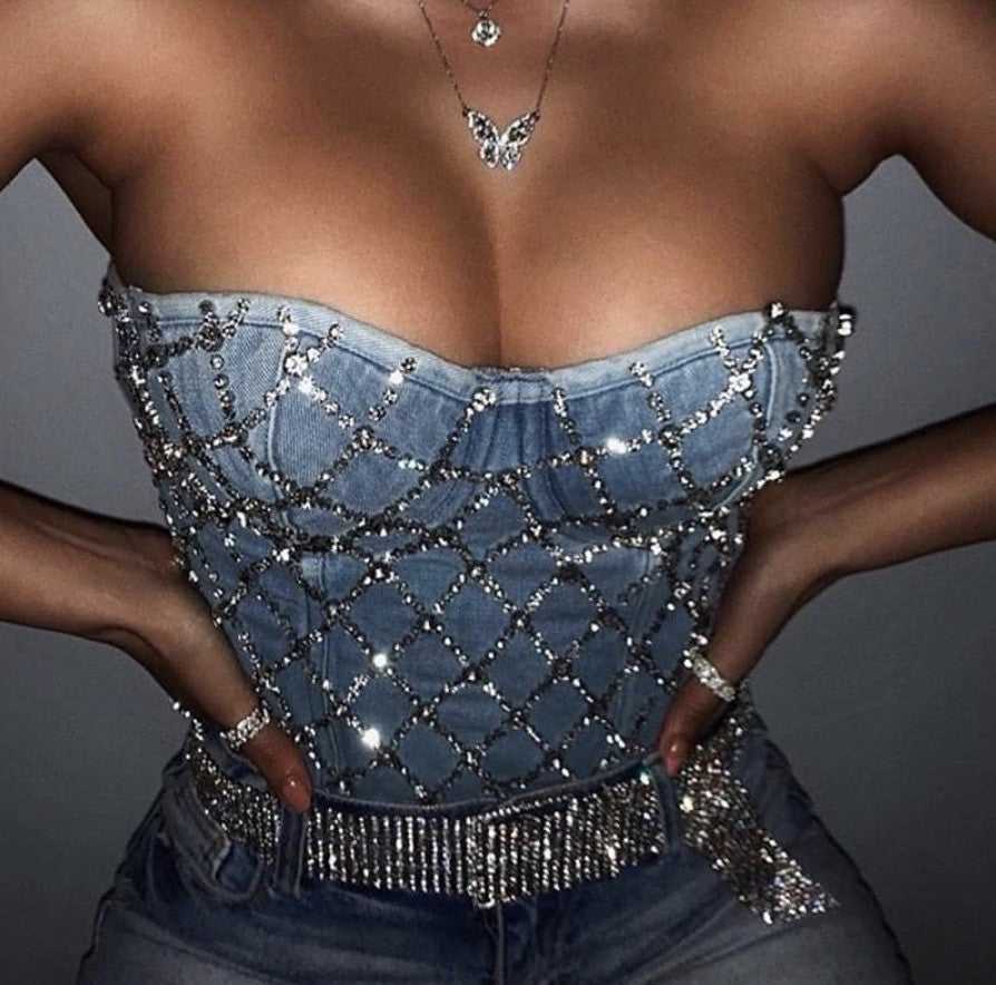 Corpetto denim rombi strass
