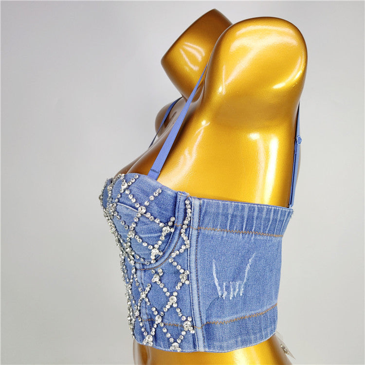 Corpetto denim rombi strass
