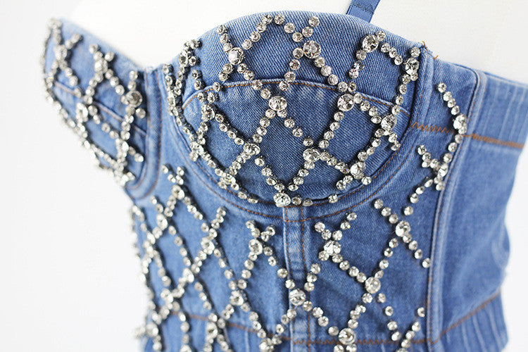 Corpetto denim rombi strass