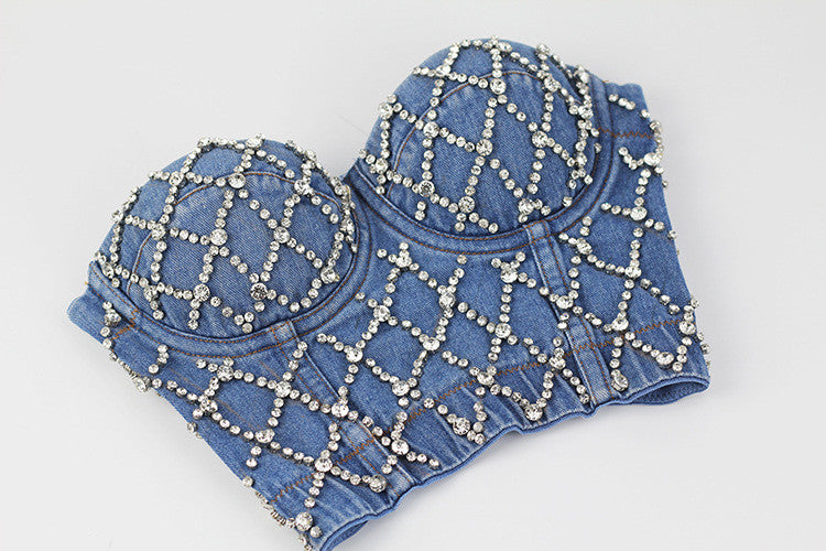 Corpetto denim rombi strass
