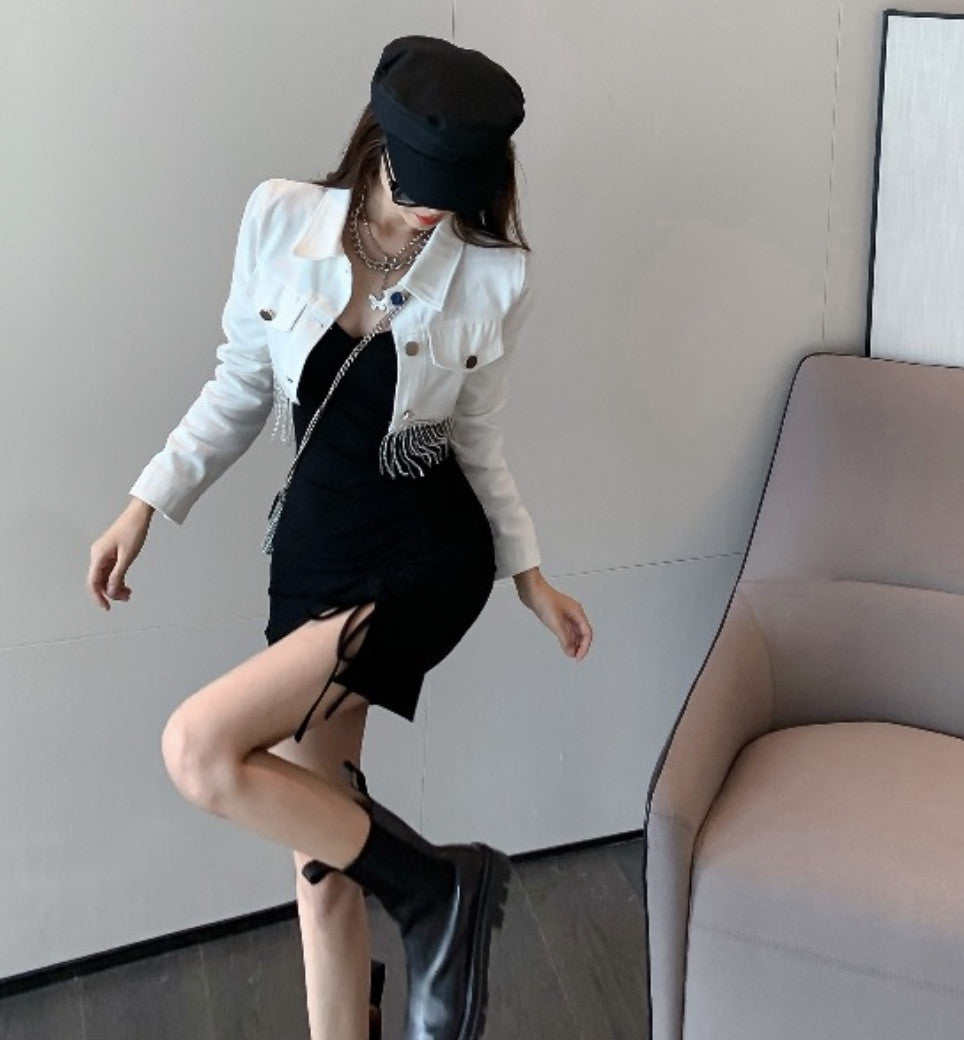 Giubbino corto denim frange e strass