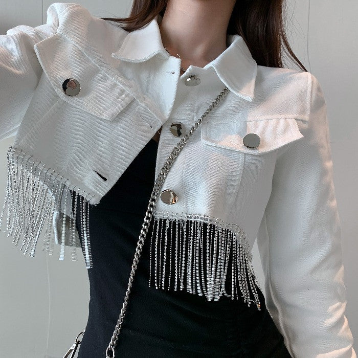 Giubbino corto denim frange e strass