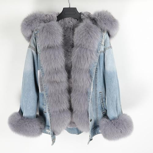 Parka denim superimbottito volpe-lapin