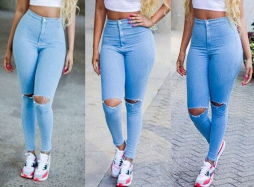 Skinny jeans strap light denim vista completa look casual — Dream Shop