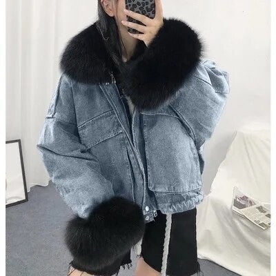 Giacca denim white and furry