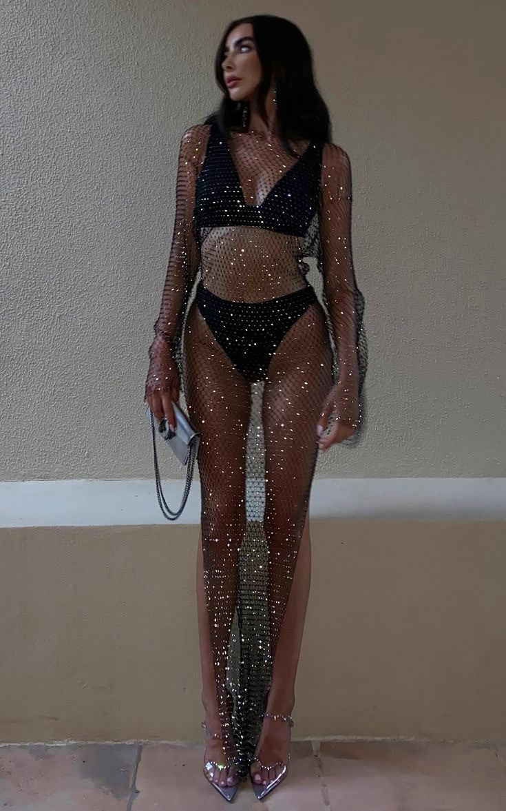Abito spacchi long strass rete
