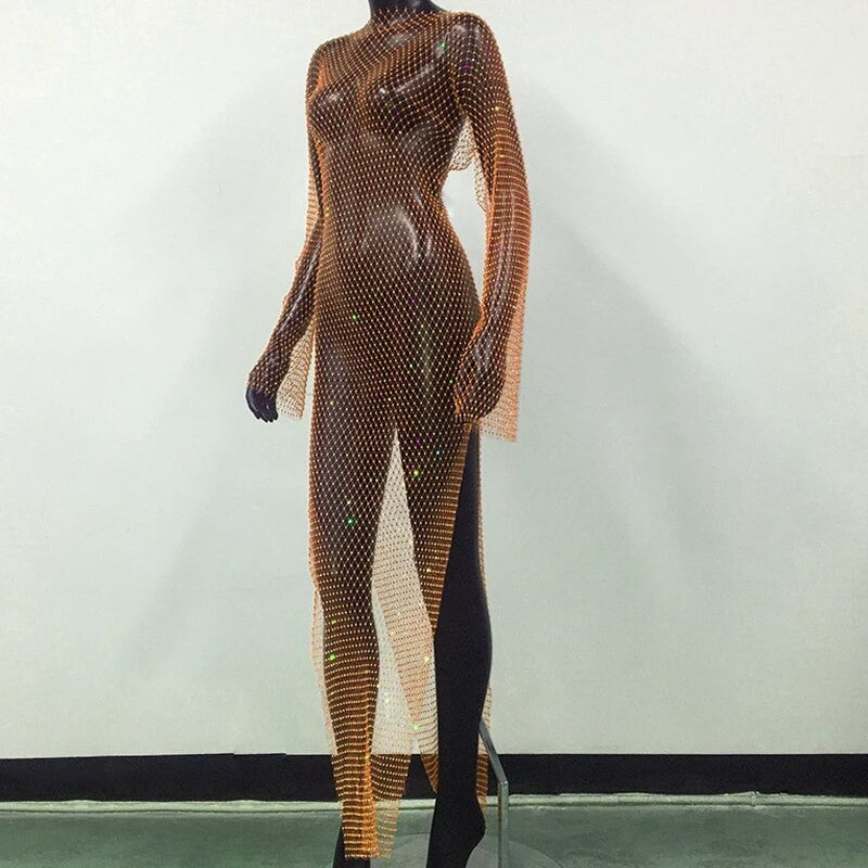 Abito spacchi long strass rete