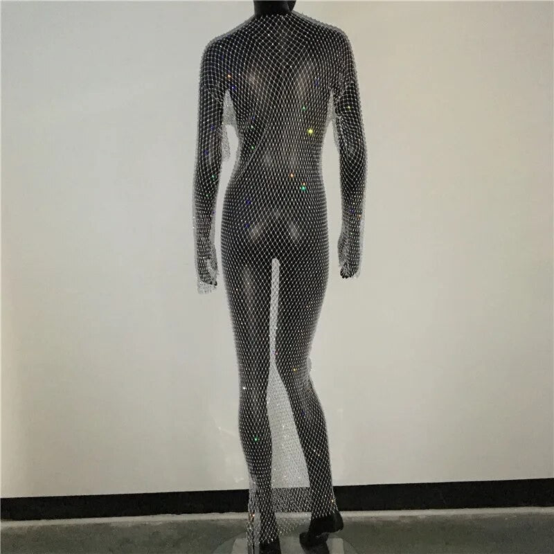 Abito spacchi long strass rete