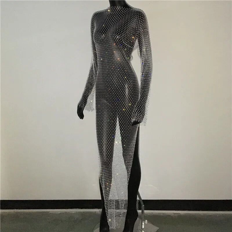Abito spacchi long strass rete